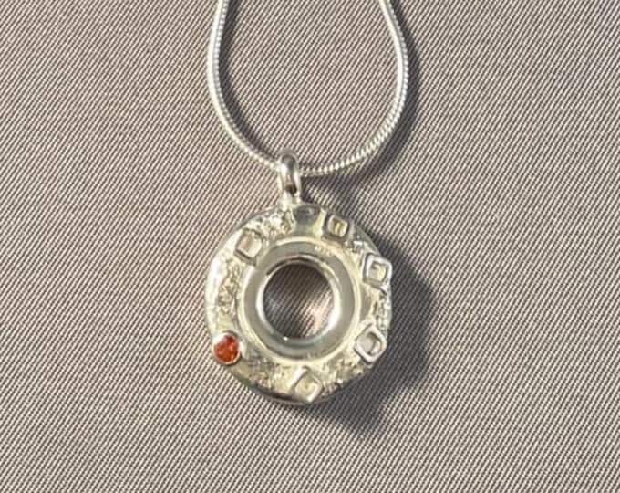 Solid Sterling Silver Steampunk Open Hole Flute Key Pendant--Square In A Round Hole with Orange Topaz