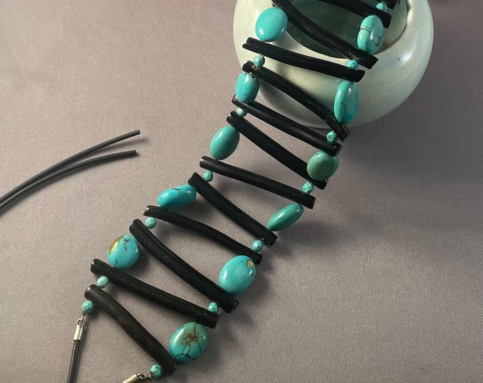 Turquoise Choker Necklace with Black Coral, Adjustable