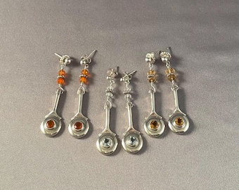 Solid Sterling Silver C-Key Flute Earrings with Gemstone
