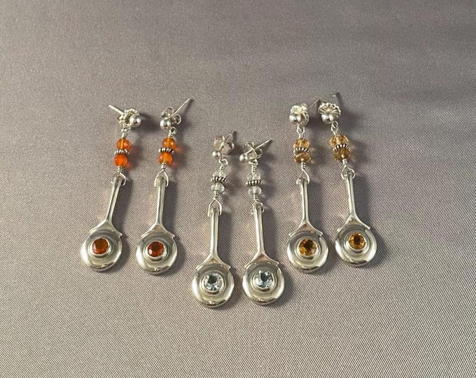 Solid Sterling Silver C-Key Flute Earrings with Gem Stones