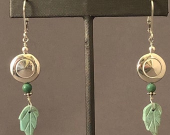 Solid Sterling Silver Tiny Trill Flute Key Earrings with Dangling Turquoise Carved Feather