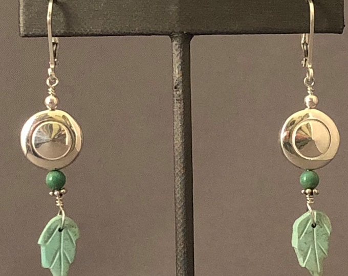 Solid Sterling Silver Tiny Trill Flute Key Earrings with Dangling Turquoise Carved Feather