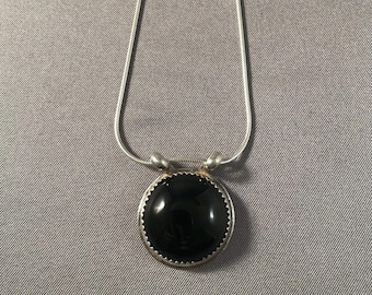 Black Onyx Cabochon and Solid Sterling Silver Necklace