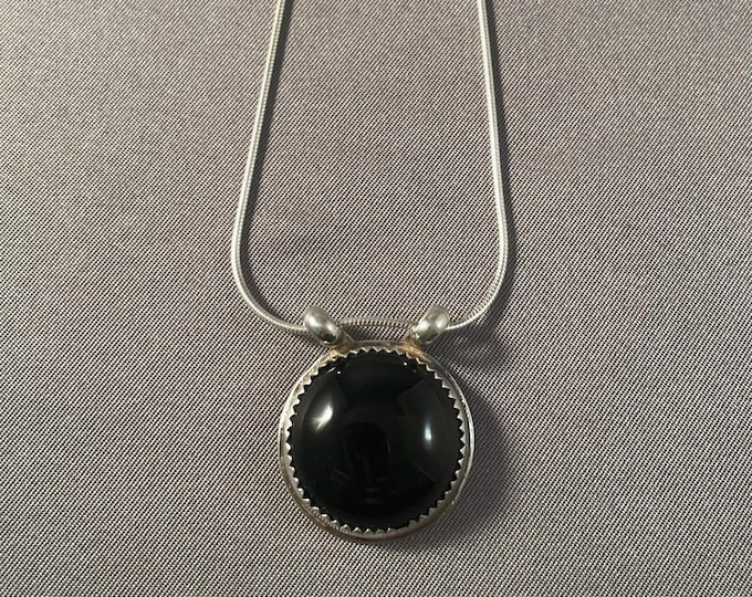 Black Onyx Cabochon and Solid Sterling Silver Necklace