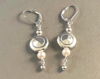 Solid Sterling Silver Tiny Trill Flute Key Earrings with Pearl Dangles on Ear Wires