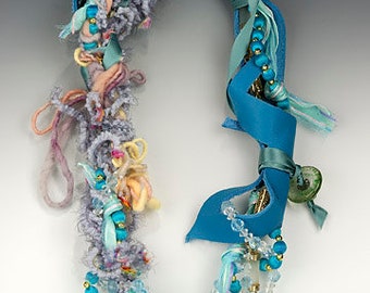 One-of-a-kind, recycled vintage necklace, Wound Treasures-Blue Leather