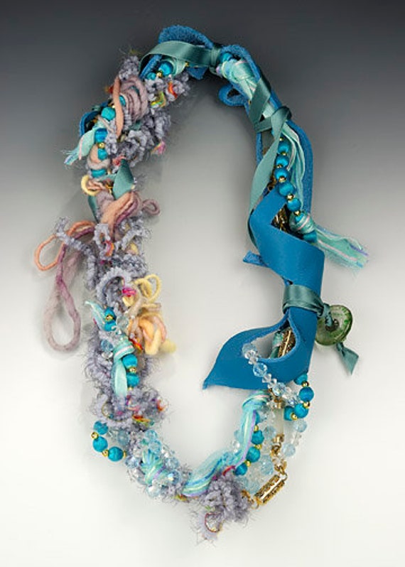 One-of-a-kind, recycled vintage necklace, Wound Treasures-Blue Leather