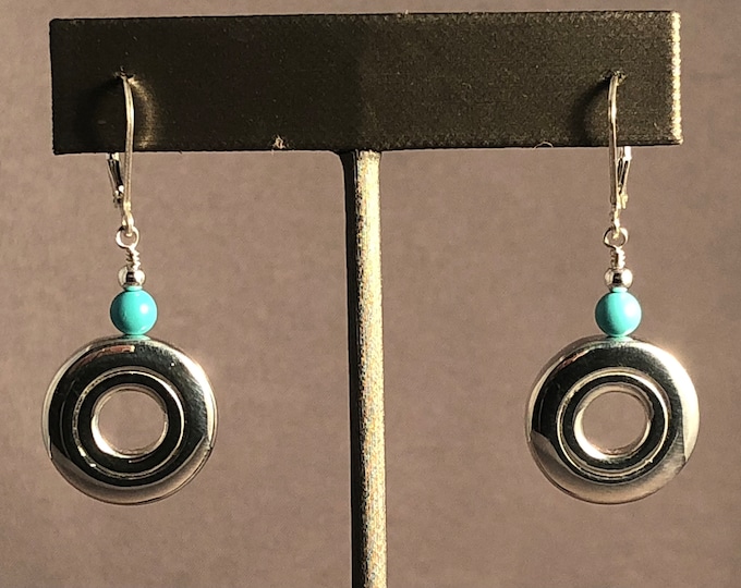Solid Sterling Silver Open Hole Flute Key Earrings with a Sleeping Child Turquoise Bead