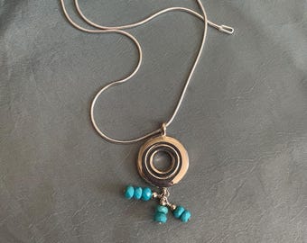Flute Key Necklace, Sterling Silver Open Hole Turquoise Facet Dangles