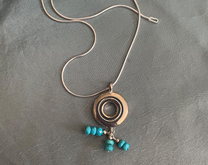 Solid Sterling Silver Open Hole Flute Key Pendant with Three Turquoise Facet Dangles