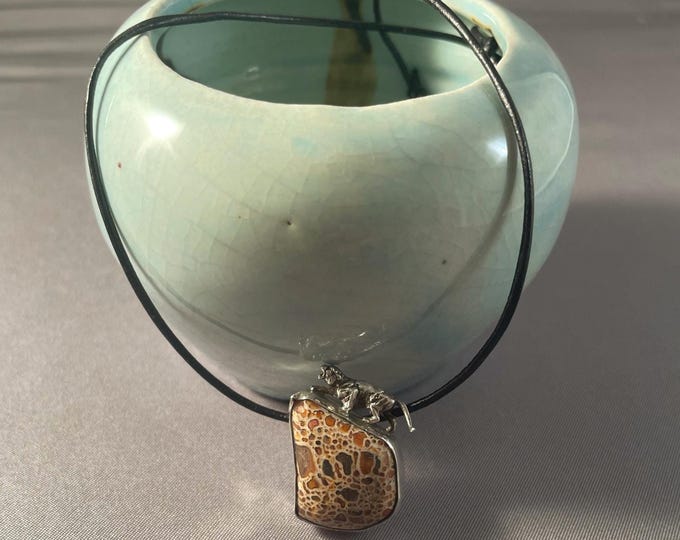 Tiger On The Mount Necklace: Solid Sterling Silver & Petrified Dinosaur Bone