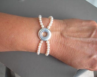Solid Sterling Silver Open Hole Flute Key and Pearl Bracelet