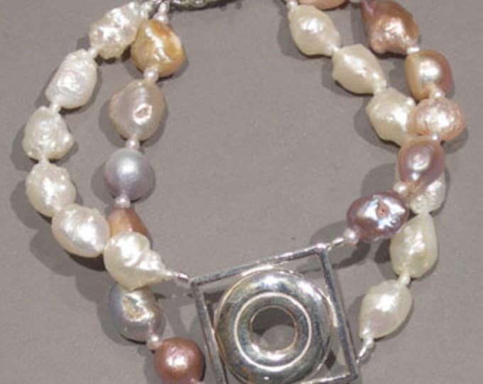 Solid Sterling Silver Open Hole Flute Key in Frame and Pearl Bracelet