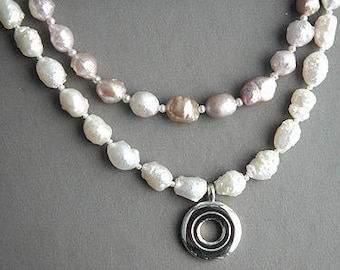 Solid Sterling Silver Open Hole Flute Key on Rosebud Pearls Necklace