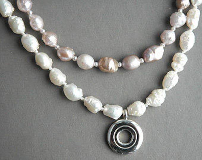 Solid Sterling Silver Open Hole Flute Key on Rosebud Pearls Necklace