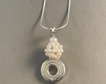 Solid Sterling Silver  Open Hole Flute Key Pendant with a Cluster Ball of Tiny Pearls
