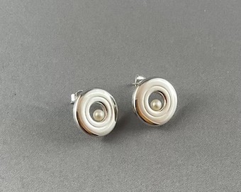 Solid Sterling Silver Open Hole Post Flute Key Earrings with a Pearl in the Key