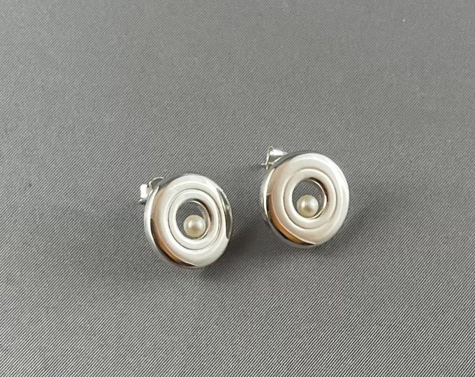 Solid Sterling Silver Open Hole Post Flute Key Earrings with a Pearl in the Key