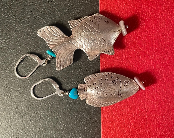 Solid Sterling Silver Fish Earrings  – with Turquoise & Shell