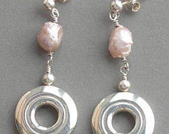 Solid Sterling Silver Open Hole Flute Key with Rosebud Pearl Dangle Earrings on Posts