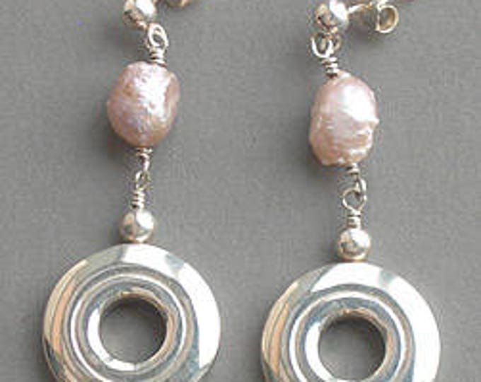 Solid Sterling Silver Open Hole Flute Key with Rosebud Pearl Dangle Earrings on Posts