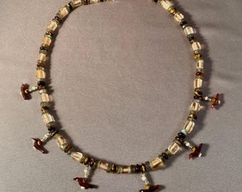 Birds Necklace w/ Labradorite, African Glass, Shell & Tiger's Eye