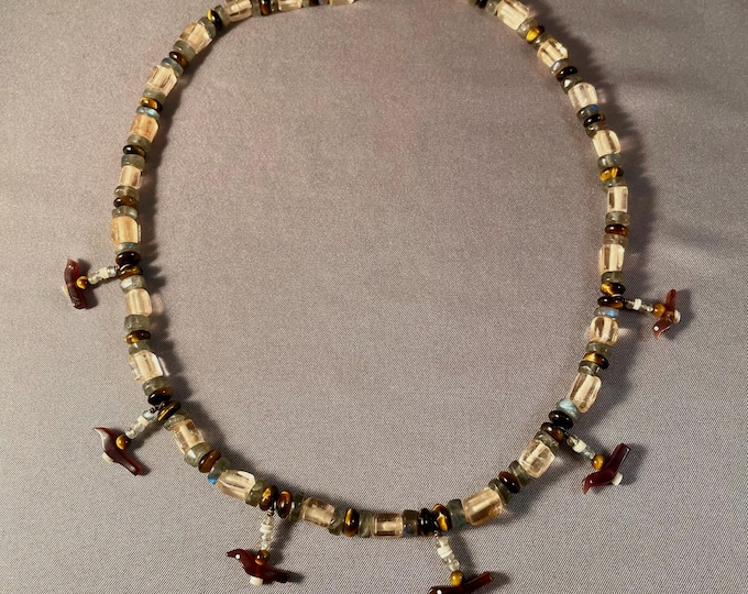 Birds Necklace w/ Labradorite, African Glass, Shell & Tiger's Eye