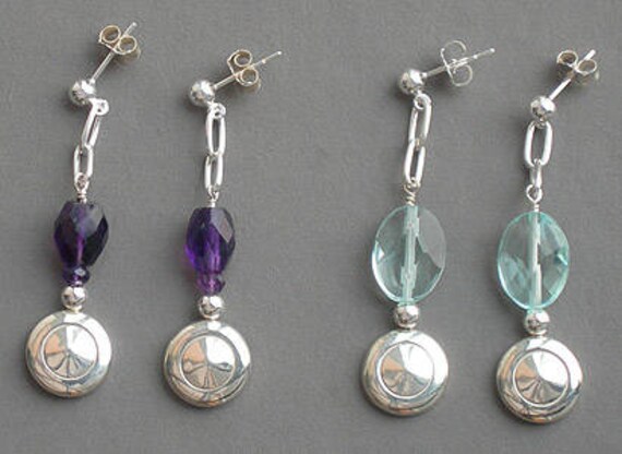 Tiny Trill Flute Key Earrings with Amethyst or Quartz and Chain