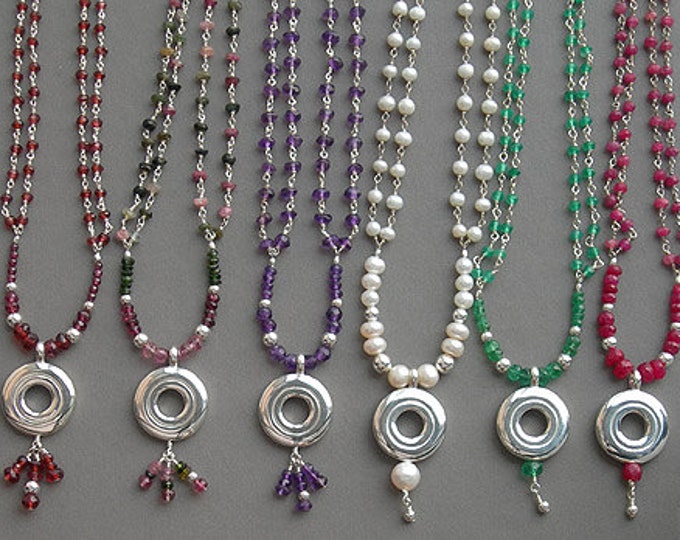 Solid Sterling Silver Flute Open Hole Flute Key on Twisted Gemstone Chain and Dangles Necklace