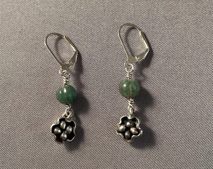 Jade & Tiny Solid Sterling Silver Flower Earrings
