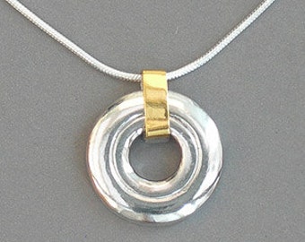 Solid Sterling Silver Contemporary Open Hole Flute Key Pendant w/24K gold - Keum Bo