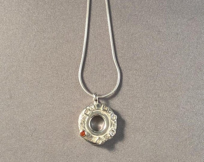 Solid Sterling Silver Steampunk Open Hole Flute Key Pendant--Square In A Round Hole with Orange Topaz