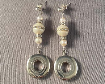 Solid Sterling Silver Open Hole Flute Key and CZ Pearl Earrings