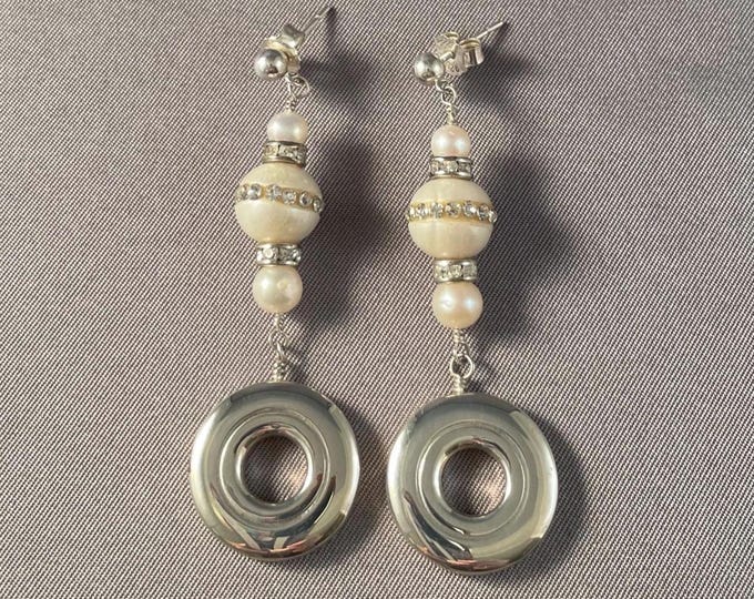 Solid Sterling Silver Open Hole Flute Key and CZ Pearl Earrings