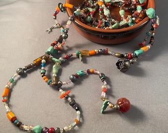 Multicolored Bead and Gemstone Lariat Necklace with Carvings, Flowers, Coral, Turquoise, Sterling Silver & Charms