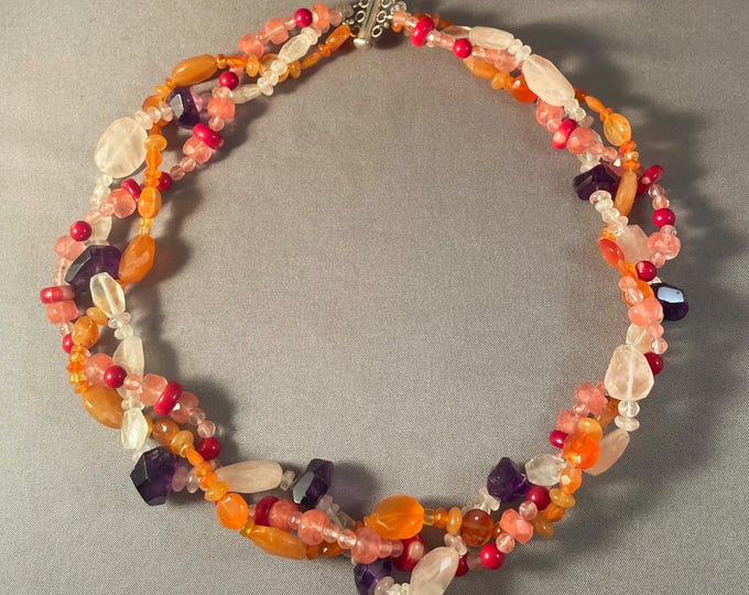 Carnelian, Rose Quartz, Red Coral, Amber & Amethyst Necklace