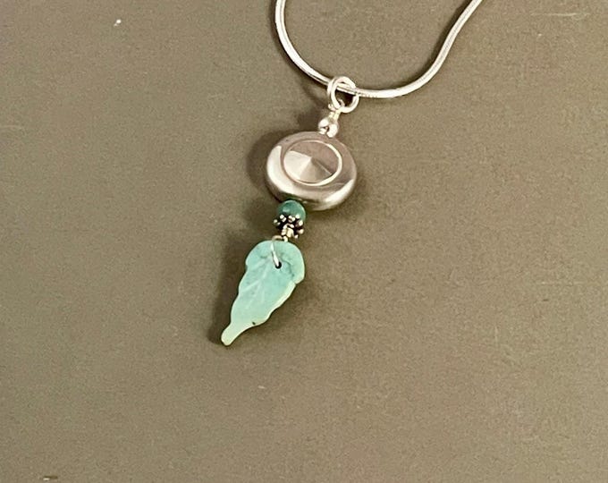 Solid Sterling Silver Tiny Trill Flute Key Pendant with Dangling Turquoise Carved Feather