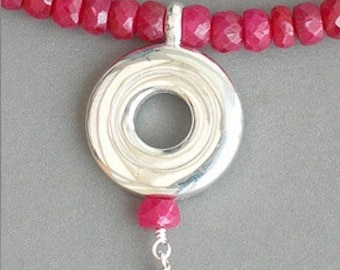 Stunning Open Hole Flute Key Necklace on Ruby Gemstone Strand with a Single Ruby Dangle - Sterling Silver Flute Jewelry Holiday Jewelry Gift