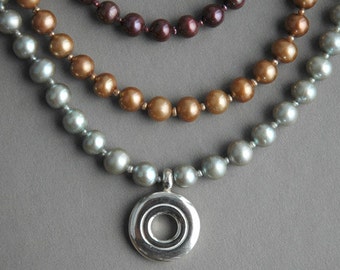 Solid Sterling Silver Open Hole Flute Key Necklace with Colored Pearls