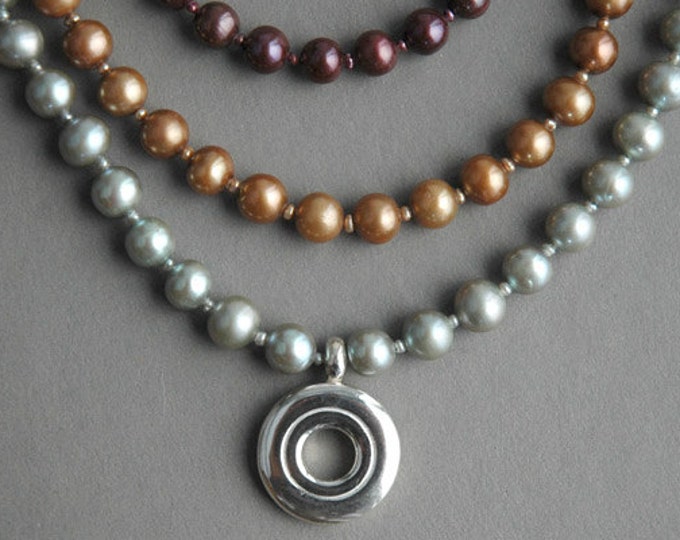 Solid Sterling Silver Open Hole Flute Key Necklace with Colored Pearls