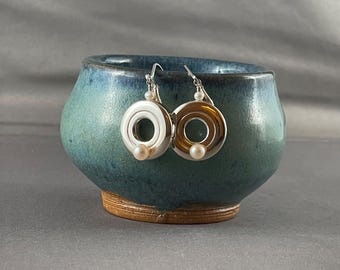 Solid Sterling Silver Open Hole Flute Key Dangle Earrings with a Pearl on the Key