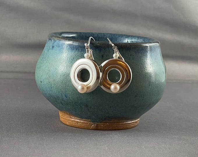 Solid Sterling Silver Open Hole Flute Key Dangle Earrings with a Pearl on the Key