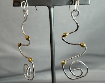Sterling Silver Handmade Swirl Dangle Earrings with Brass Beads