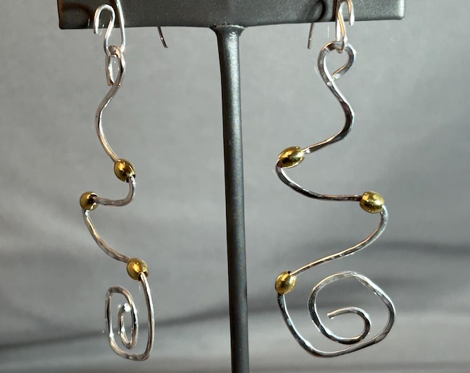 Sterling Silver Handmade Swirl Dangle Earrings with Brass Beads