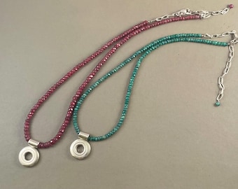 Solid Sterling Silver Open Hole Flute Key Necklace on Ruby or Emerald Gemstone Strand Necklace
