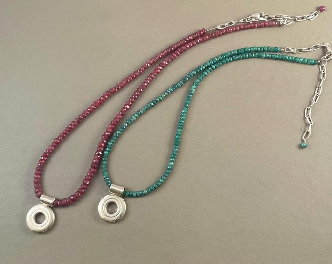 Solid Sterling Silver Open Hole Flute Key Necklace on Ruby or Emerald Gemstone Strand Necklace