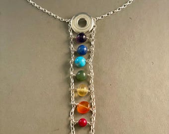 Gay Pride Solid Sterling Silver Open Hole Flute Key Necklace with Single Multi-Color Gemstone Beads