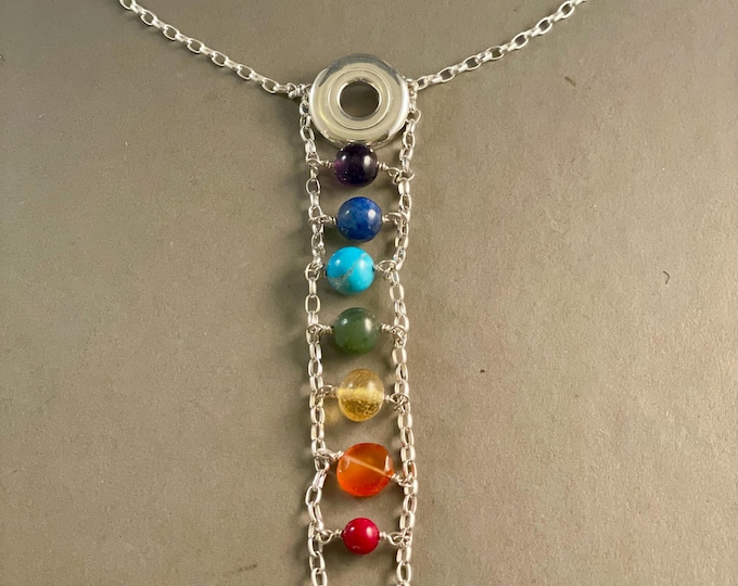 Gay Pride Solid Sterling Silver Open Hole Flute Key Necklace with Single Multi-Color Gemstone Beads
