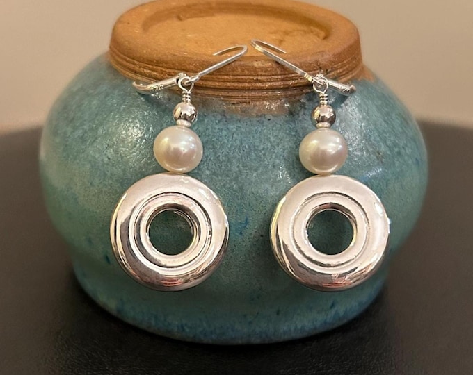 Solid Sterling Silver Open Hole Flute Key Earrings with Pearls on Ear Wires