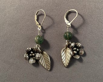 Jade and Solid Sterling Silver Flower & Leaf Earrings